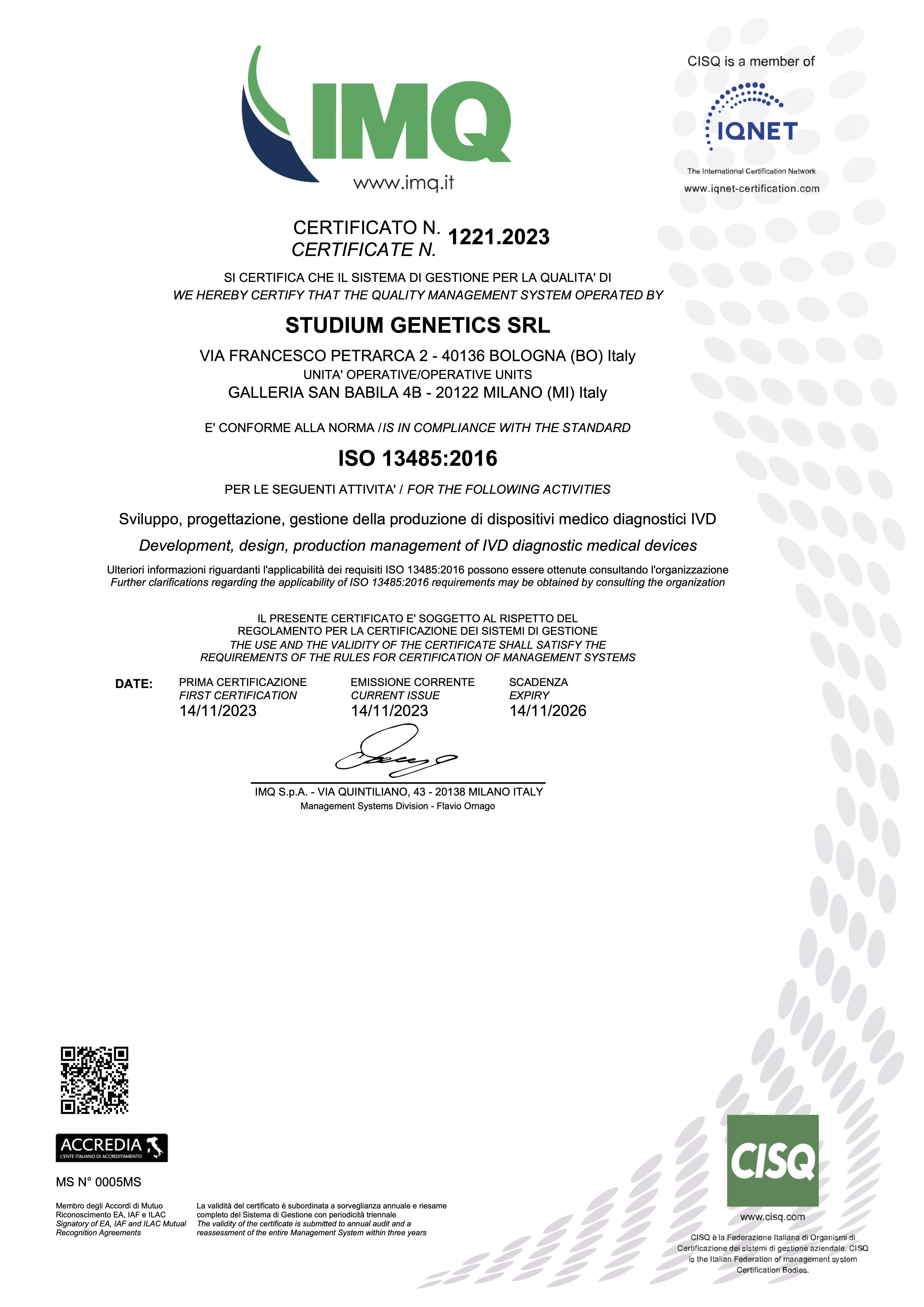 Certificato ISO 14385 Studium Genetics